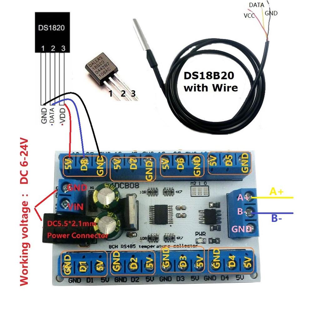 8-канальная плата датчика температуры DS18B20 DC12V с RS485, сборщик данных температуры, модуль MODBUS RTU для безбумажного регистратора, ПЛК