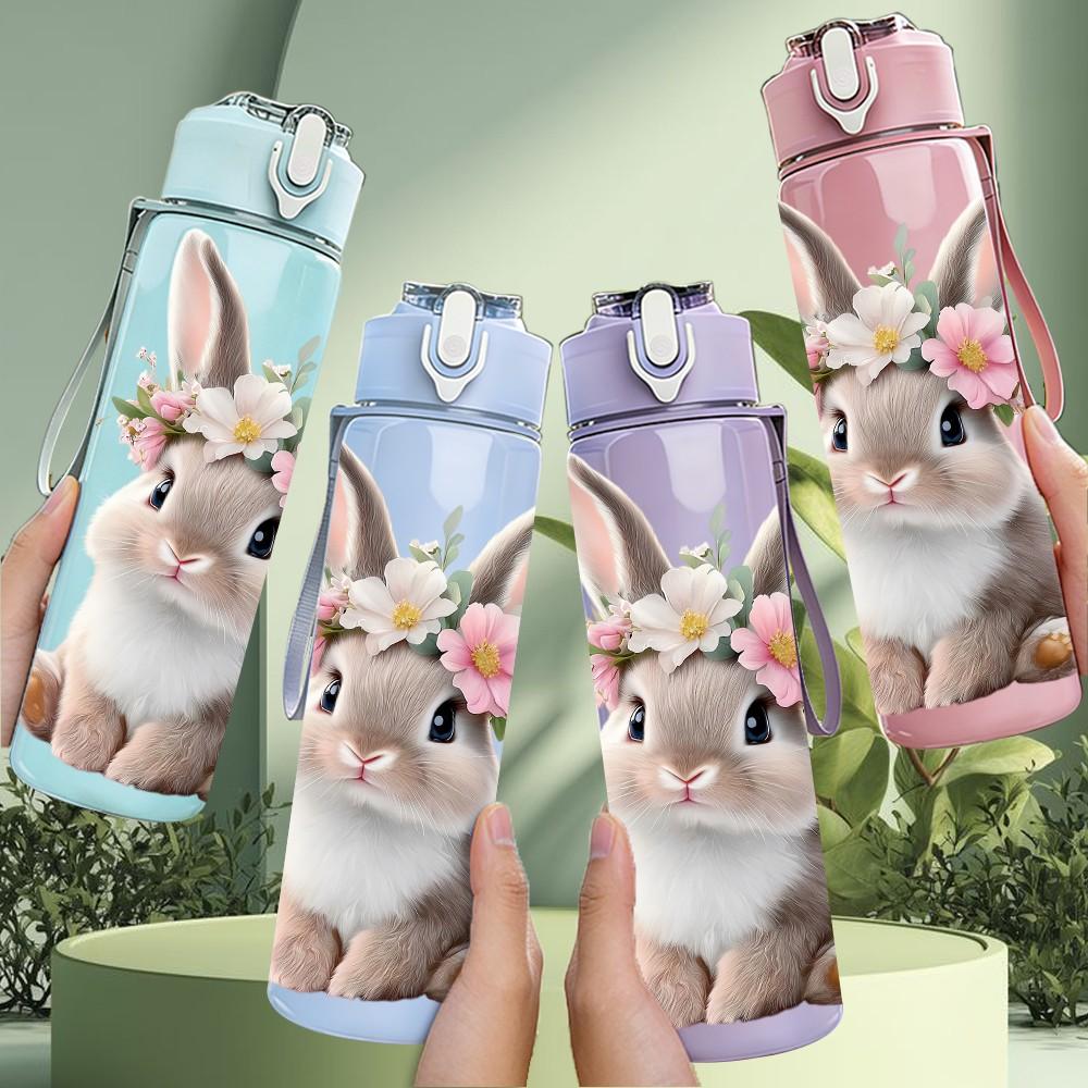 1PC Bunny With Flower Headband Cute Print 750ml Color Plastic Sports Water Bottle Leakproof Flip Straw Lid Suitable for Sports Office Home Use