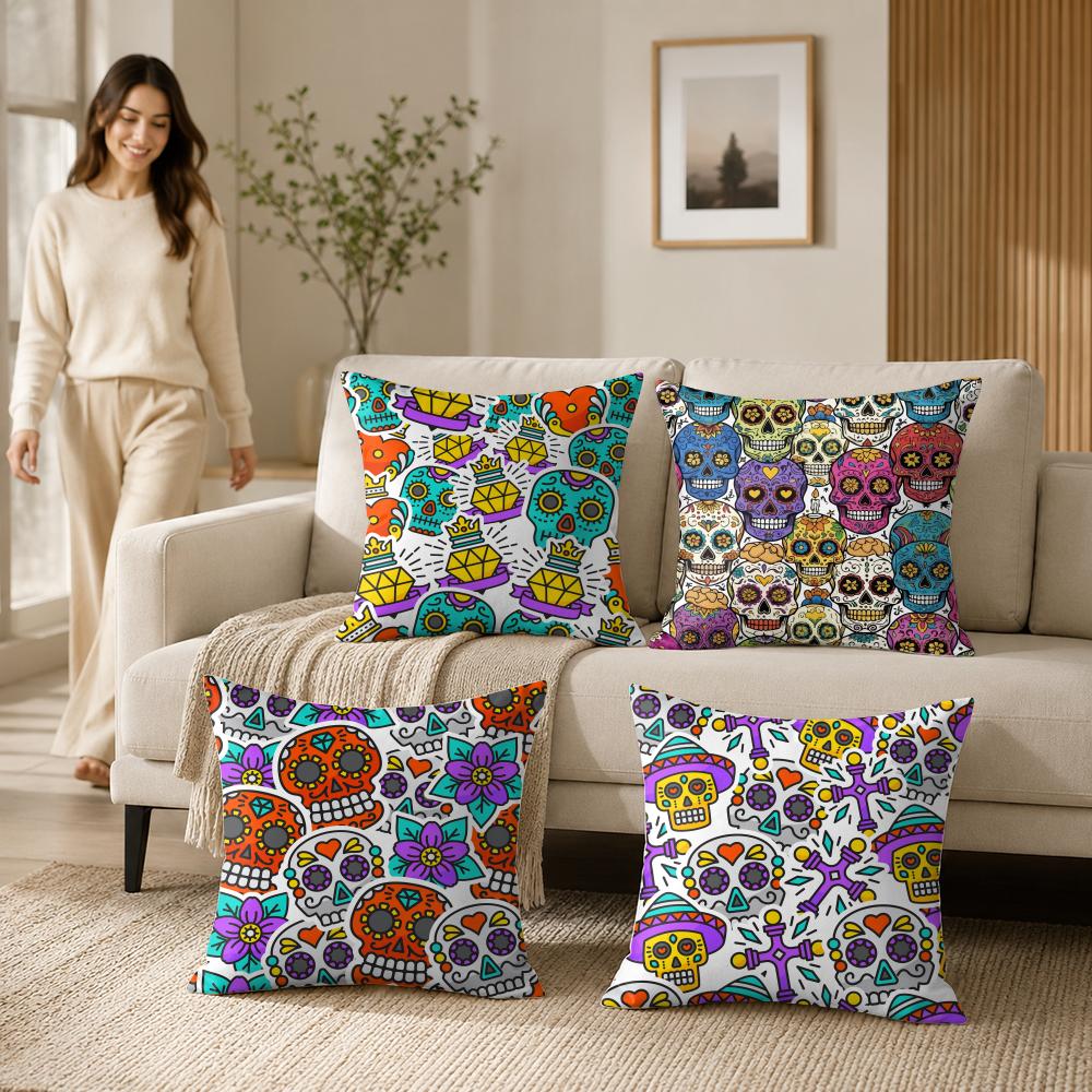 Day Of The Dead Pattern Cushion Cover Silky Short Plush Invisible Zipper Dustproof Sofa Pillow Case For Home Decor