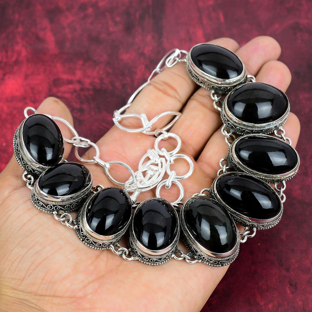 Ожерелье из черного обсидиана, ювелирные изделия ручной работы, ожерелье из стерлингового серебра 925 пробы, дизайнерские ювелирные изделия из драгоценных камней, регулируемое ожерелье-цепочка, подарок для мамы