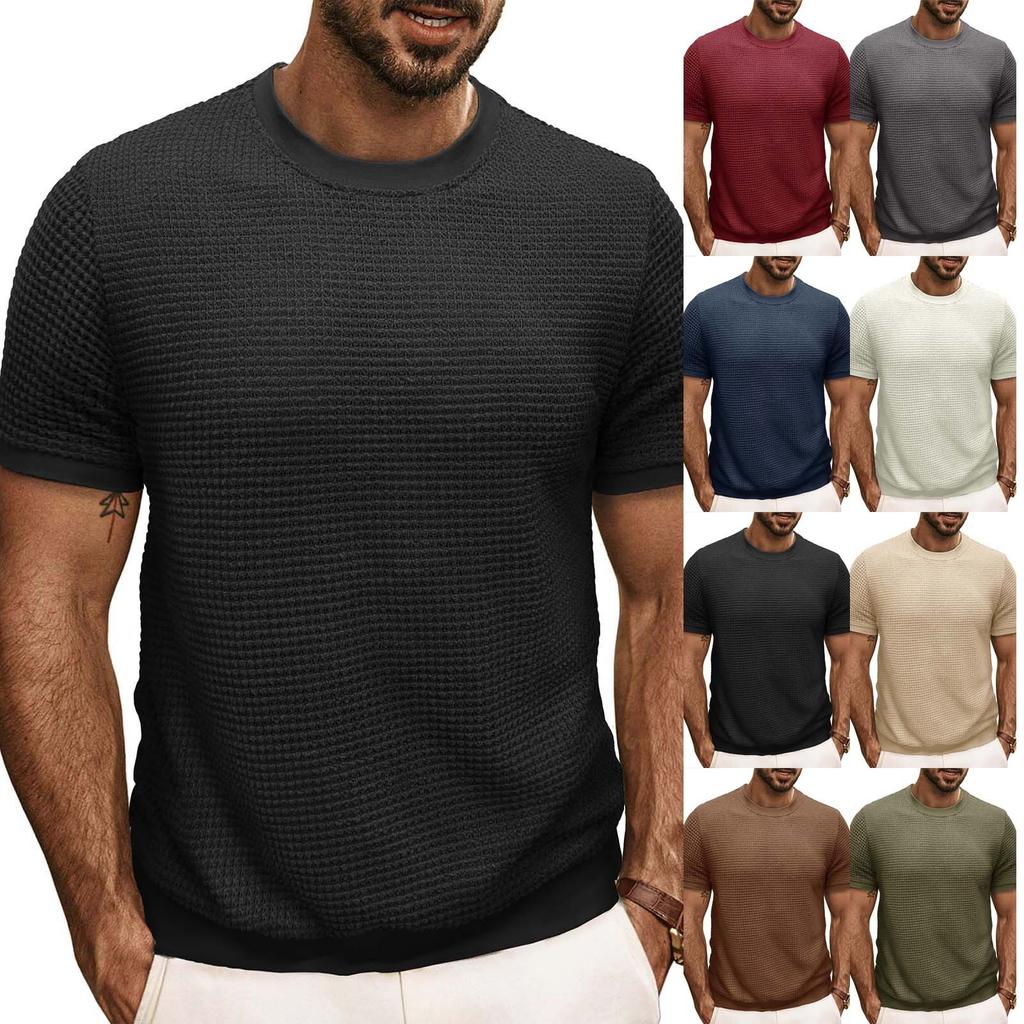 Men's Short Sleeved Knitted T-shirt Top With Round Neck Ribbed Pullover