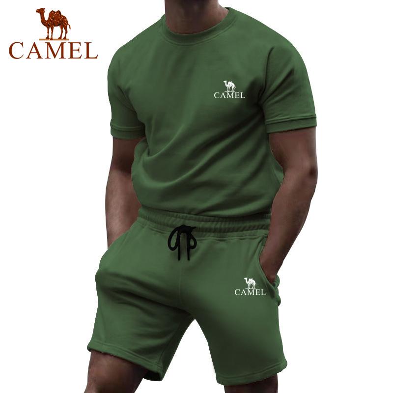 Camel Short Sleeved Men's Summer Casual Fashion Solid Color Two-piece Sports Suit Trendy Quarter Pants