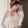 Pure Desire To Hang Neck Waist Strap Chic Fake Two-piece Long Sleeved Top Women's Atmosphere Short and Unique T-shirt