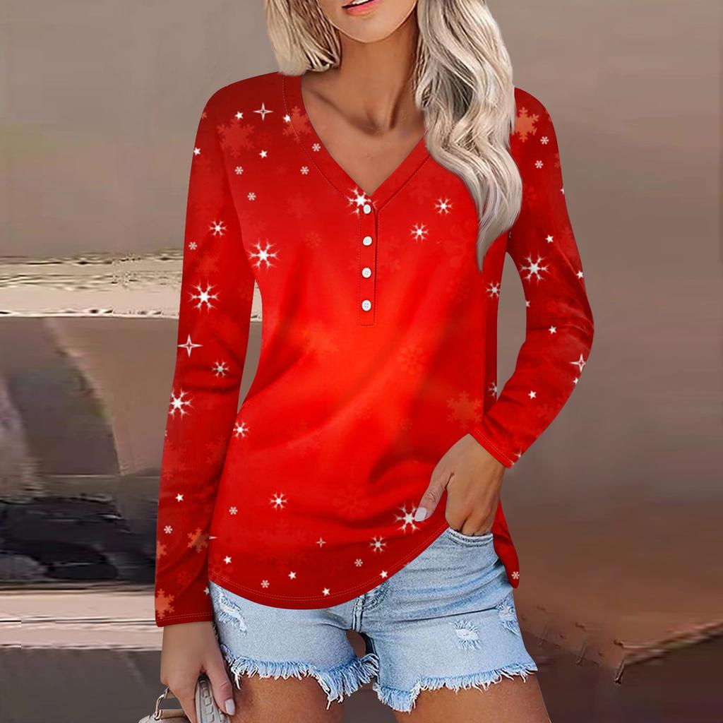 Women's Casual Fashion Sexy Comfort Christmas Printed V-Neck Button Long Sleeve