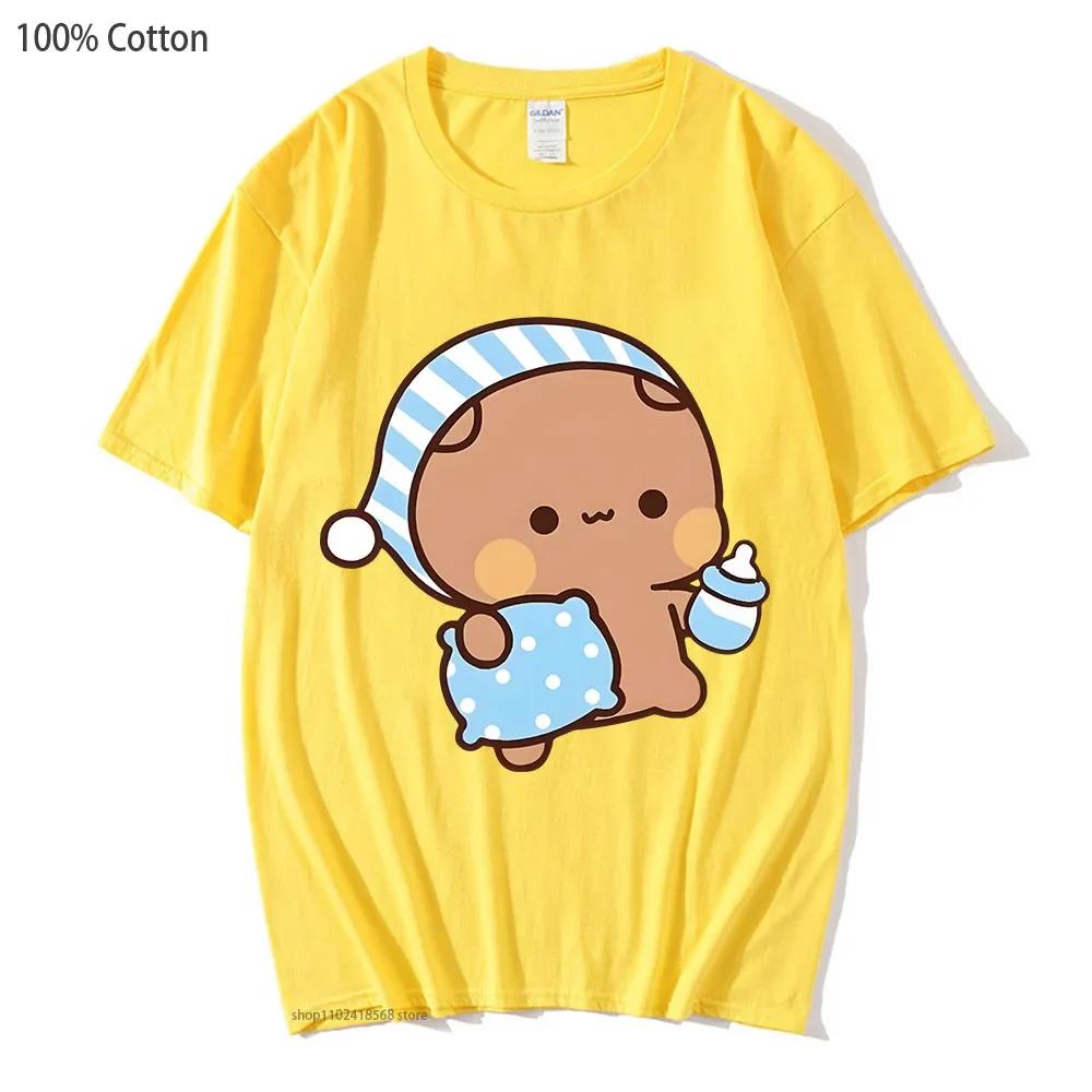 Couple Shirts Kawaii Cute BuBu Panda Going To Sleep with DuDu Bear Graphic Tshirt Cotton Men Women Clothes Long Sleeve Tees