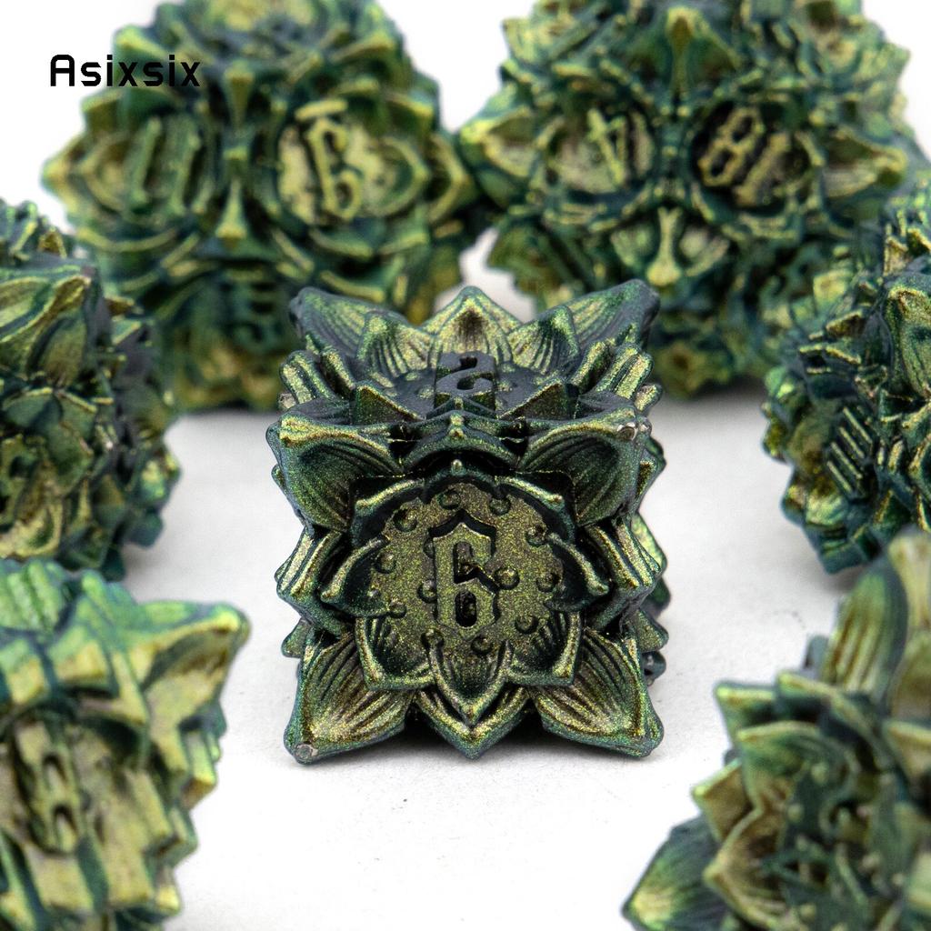 7 Pcs Green Yellow Lotus Flower  Metal Dice Solid Metal Polyhedral Dice Set Suitable for Role-Playing RPG  Board Game Card Game