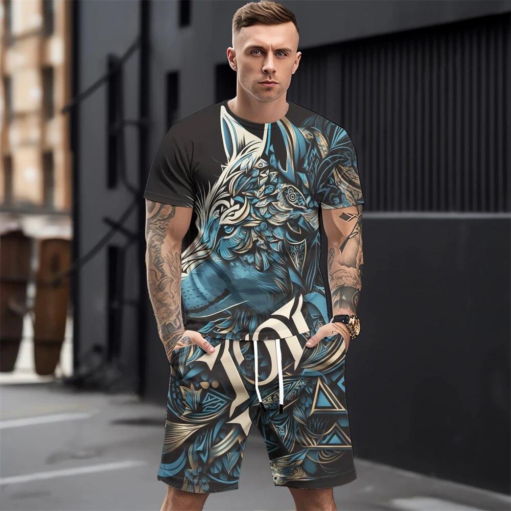 Летние мужские комплекты футболок, модная одежда с 3D принтом животных, необходимая одежда для мужчин, повседневный спортивный костюм, спортивный костюм из двух предметов для бега, спортзала