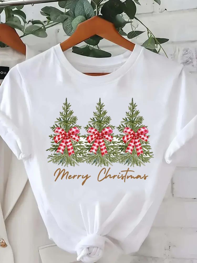 (Asian Size) Tree Lovely Style Cute New Year Tee Merry Christmas Festival O-neck Clothing Women's Top T Print Fashion Ladies Graphic T-shirts