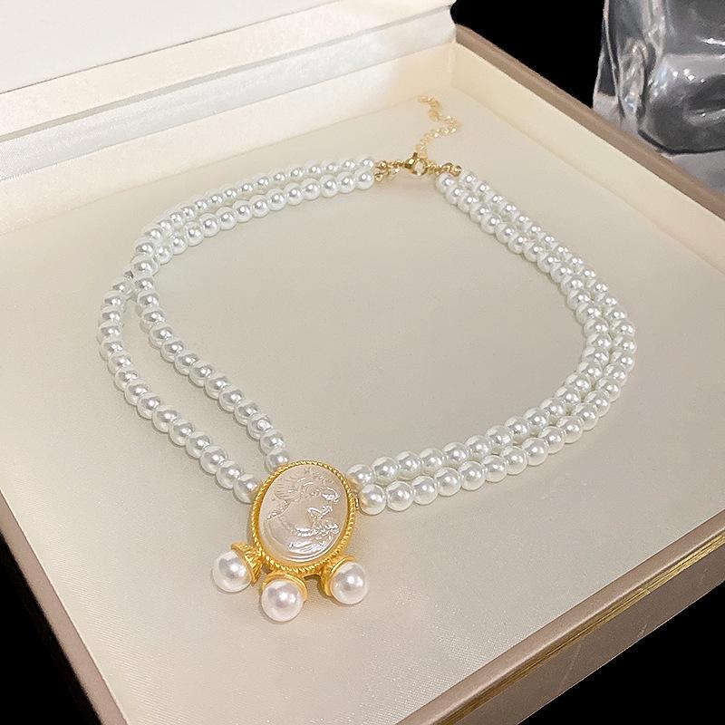 Винтажное женское колье в стиле барокко с круглым портретом-рельефом, жемчужное, чокер, дворцовый классический дизайн, цепочки