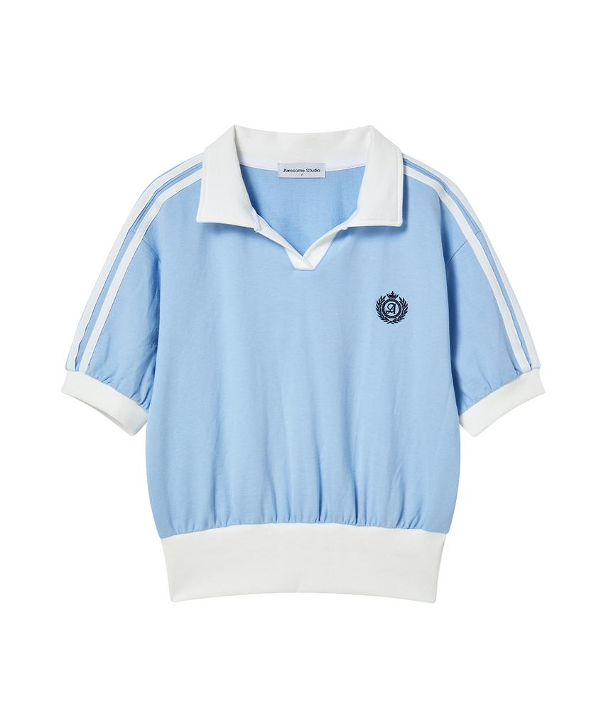 AWESOME STUDIO [Set] Sporty Color Block Collared Short Sleeve + Line Color Block Shorts Sky Blue