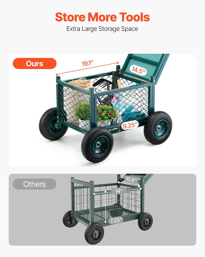 VEVOR Rolling Garden Cart with Seat, Metal Rolling Garden Work Seat with Wheels, Supports up to 181 kg, Heavy Duty Gardening Cart Scooter