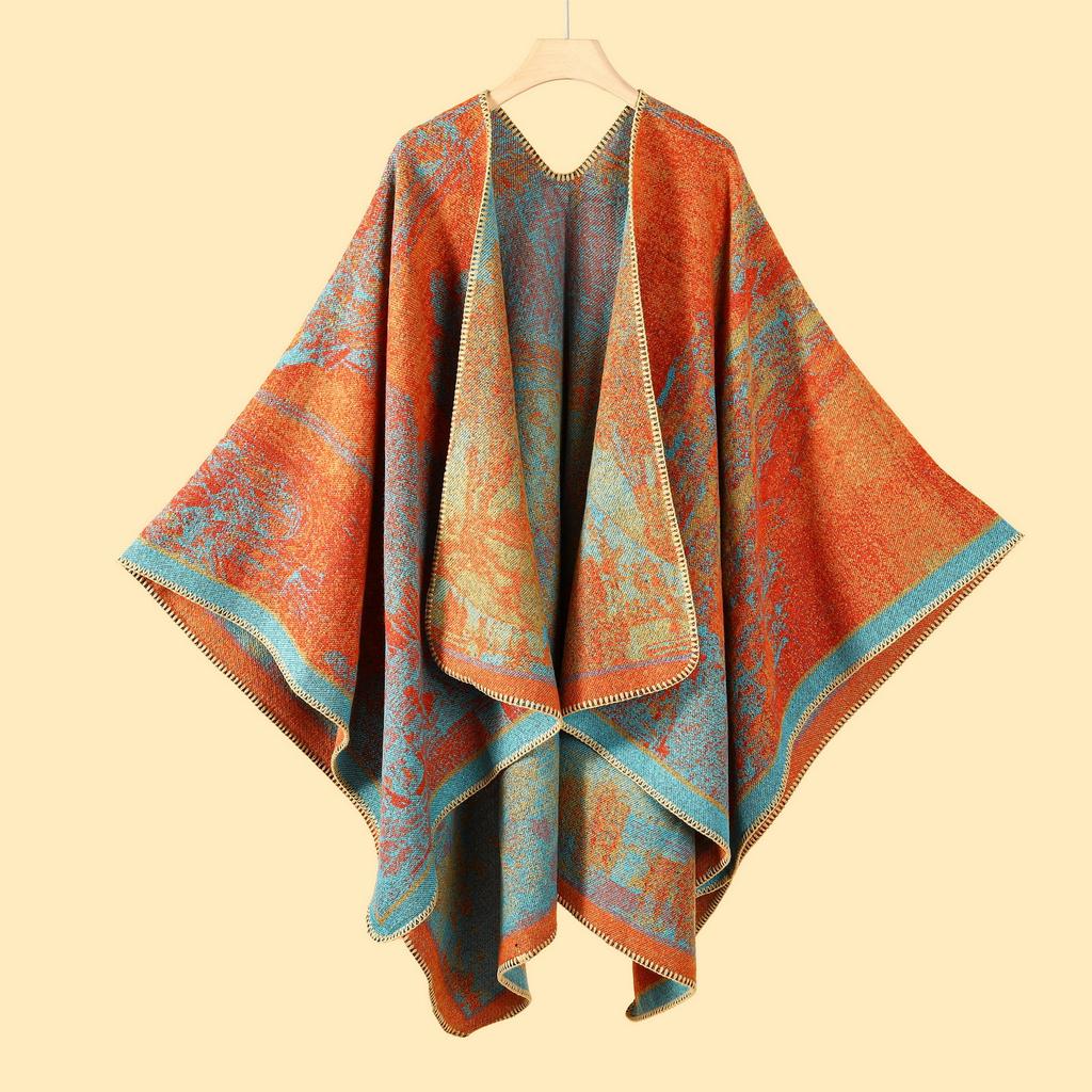 Shawl Imitation Cashmere Knitted Scarf Split Fork Oil Painting Cape Cloak Outside