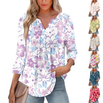 Женская модная повседневная плиссированная футболка с V-образным вырезом и рукавом семь четвертей