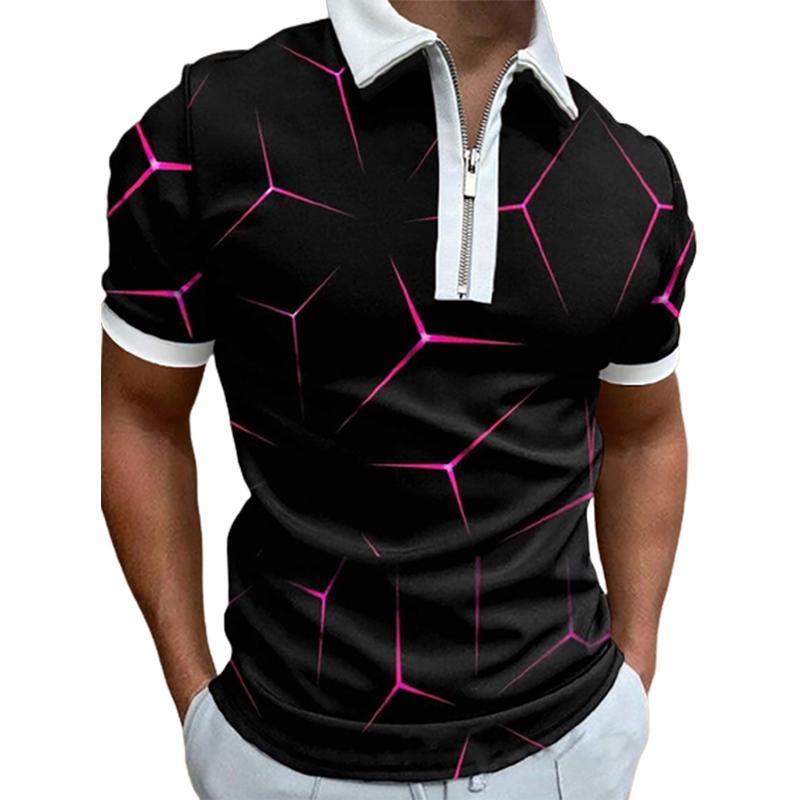Повседневная футболка с лацканами, молодежная мужская модная футболка на молнии, футболка с коротким рукавом, мужская футболка с 3D синим полосатым принтом