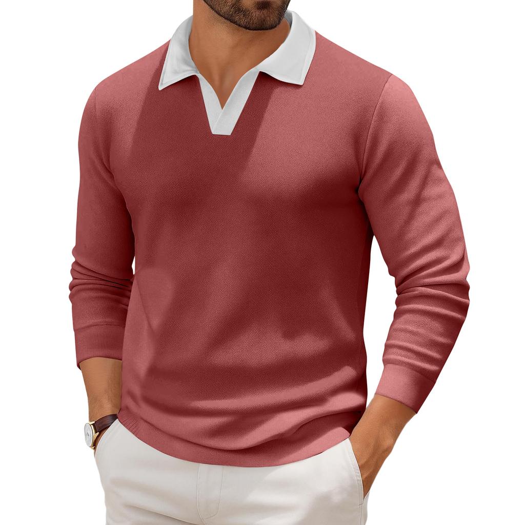 Мужской повседневный трикотажный базовый топ с длинным рукавом и воротником в стиле колор-блок
