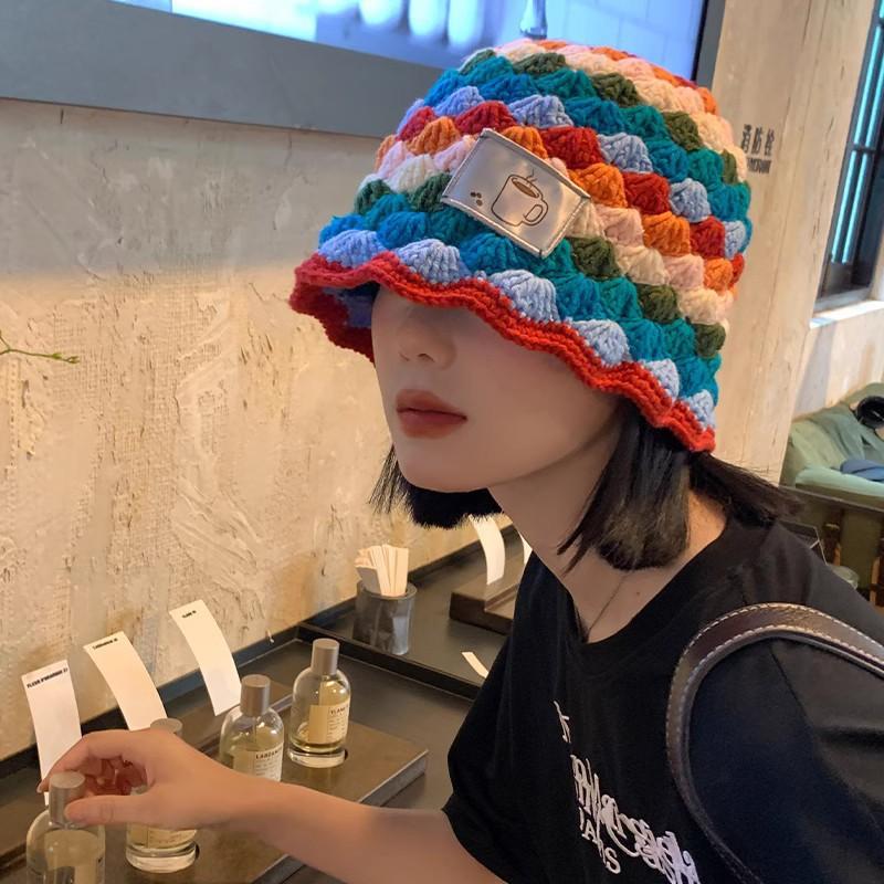Dopamine Rhombus Rainbow Knitted Bucket Hat Women'S Autumn And Winter Korean Version Versatile Face Small Wool Hat Literary Bucket Hat