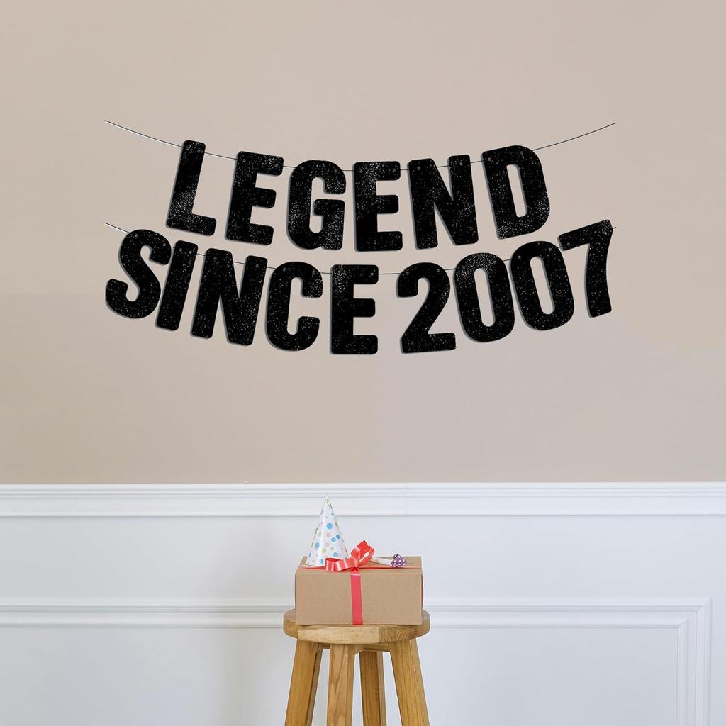 Pre-Strung Legend Since 2007 - Black Glitter Banner, 18th Birthday Decorations for Boys & Girls, Funny 18th Decor Bday Sign Gifts