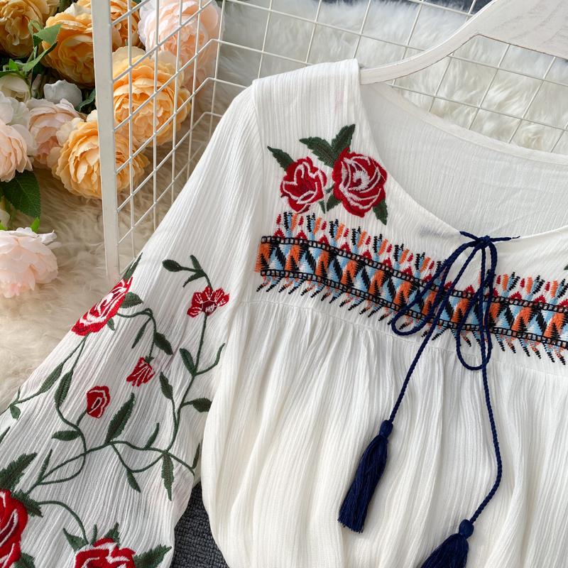 RUGOD Весенне-осенний праздник, этнический стиль, ретро, ​​тяжелая промышленность, вышивка, цветы, зарубежный стиль, рукава-фонарики, свободный универсальный топ