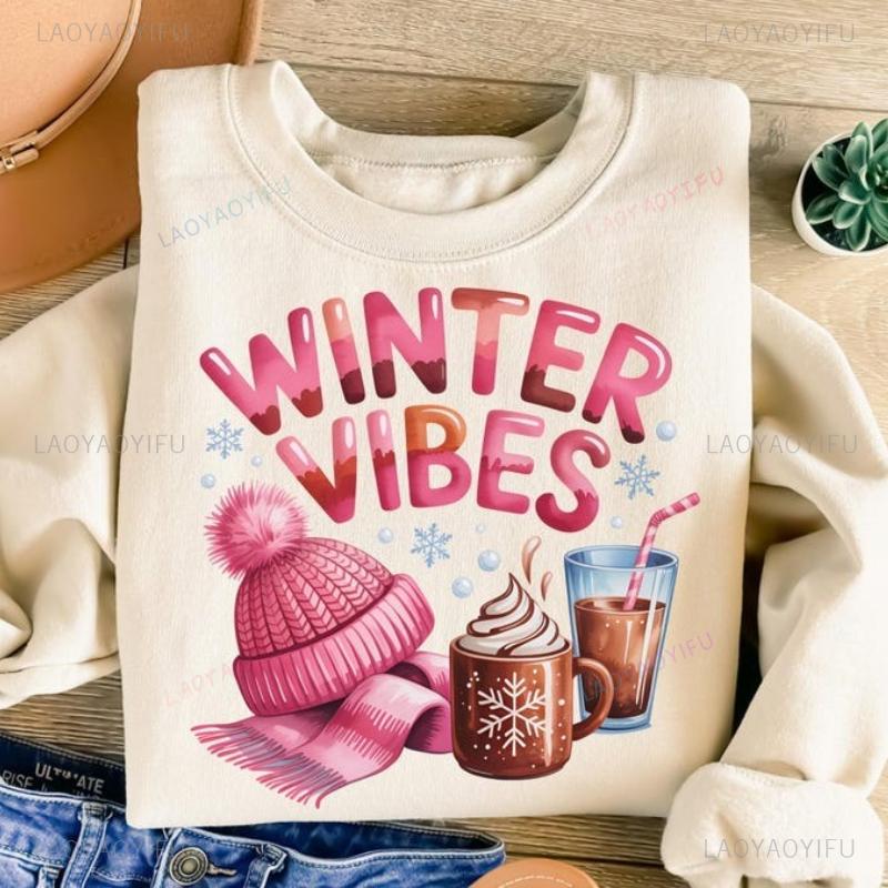 Winter Vibes Snowflakes Hot Chocolate Beanie Trendy Woman Sweatshirt Crew Neck Fashion Soft Autumn and Winter Thermal Hoodie Top