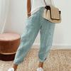 Women Casual Pants Elastic Waist Mid-rise Summer Jacquard Long Pants with Pockets Striped Print Loose Fit Trousers