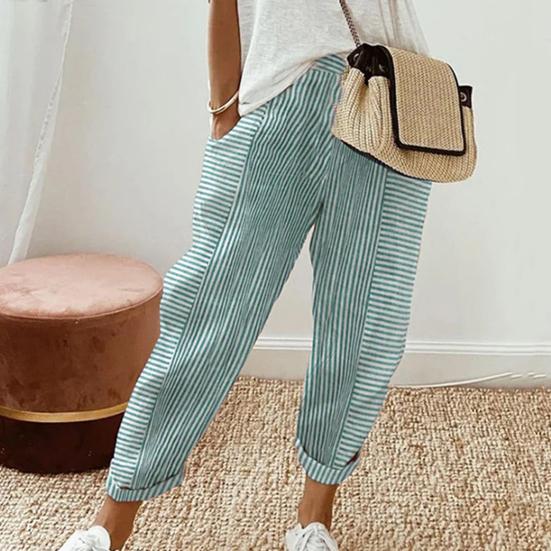 Women Casual Pants Elastic Waist Mid-rise Summer Jacquard Long Pants with Pockets Striped Print Loose Fit Trousers