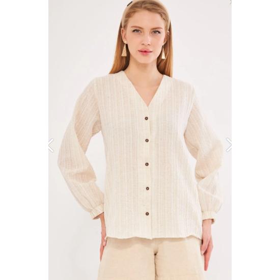 Women's Cream Elastic Sleeve Crepe Shirt