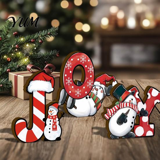 Wooden Holiday Table Sign 3Pcs/Set Christmas Snowman Ornaments with JOY Letters, Cute Stable Tabletop Accent Base Desktop Decoration for Party Dinning