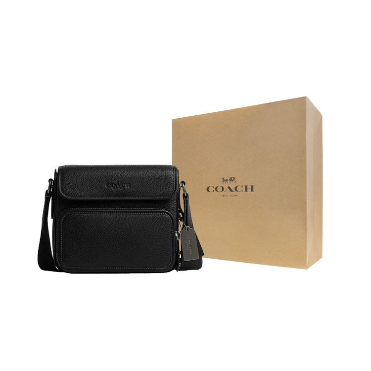 Coach Sullivan 20 Textured Logo Zipper Magnetic Closure Pebble Grain Leather Messenger Bag Men Shoulder Bag Black CN729-QBBK