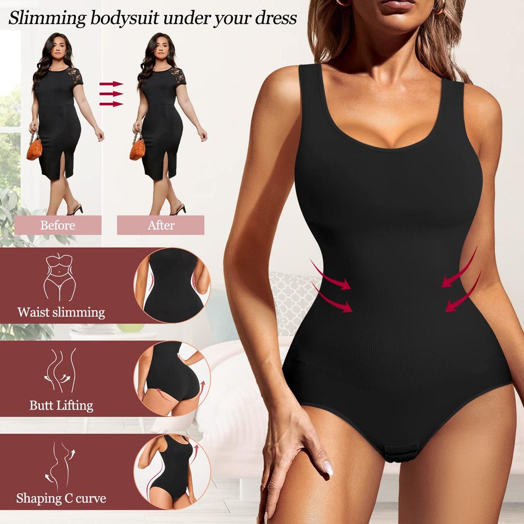 Women Compression Shapewear Bodysuit Tummy Control Leotard Slimming Body Shaper Waist Trainer Romper Scoop Neck Tank Top Jumpsuits Vest
