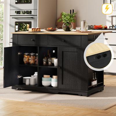 Kitchen Island, Kitchen Cart with Socket Strip, Kitchen Cabinet, Serving Cart with Worktop, Buffet Cabinet, Dining Cart with Wood Grain, Black