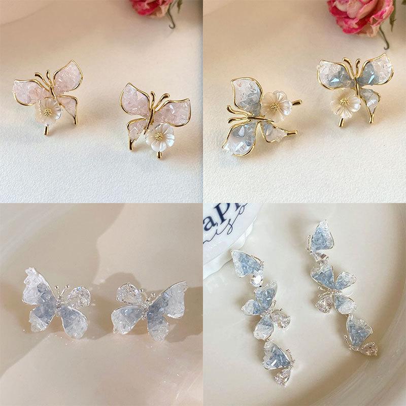 Silver Needle Crystal Flower Butterfly Earrings New Popular Earrings Fashion Light Luxury High-end Earrings