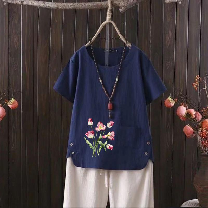 Nordic Style Flower Print V-neck Cotton Hemp T-shirt for Women - 2025 Summer Casual