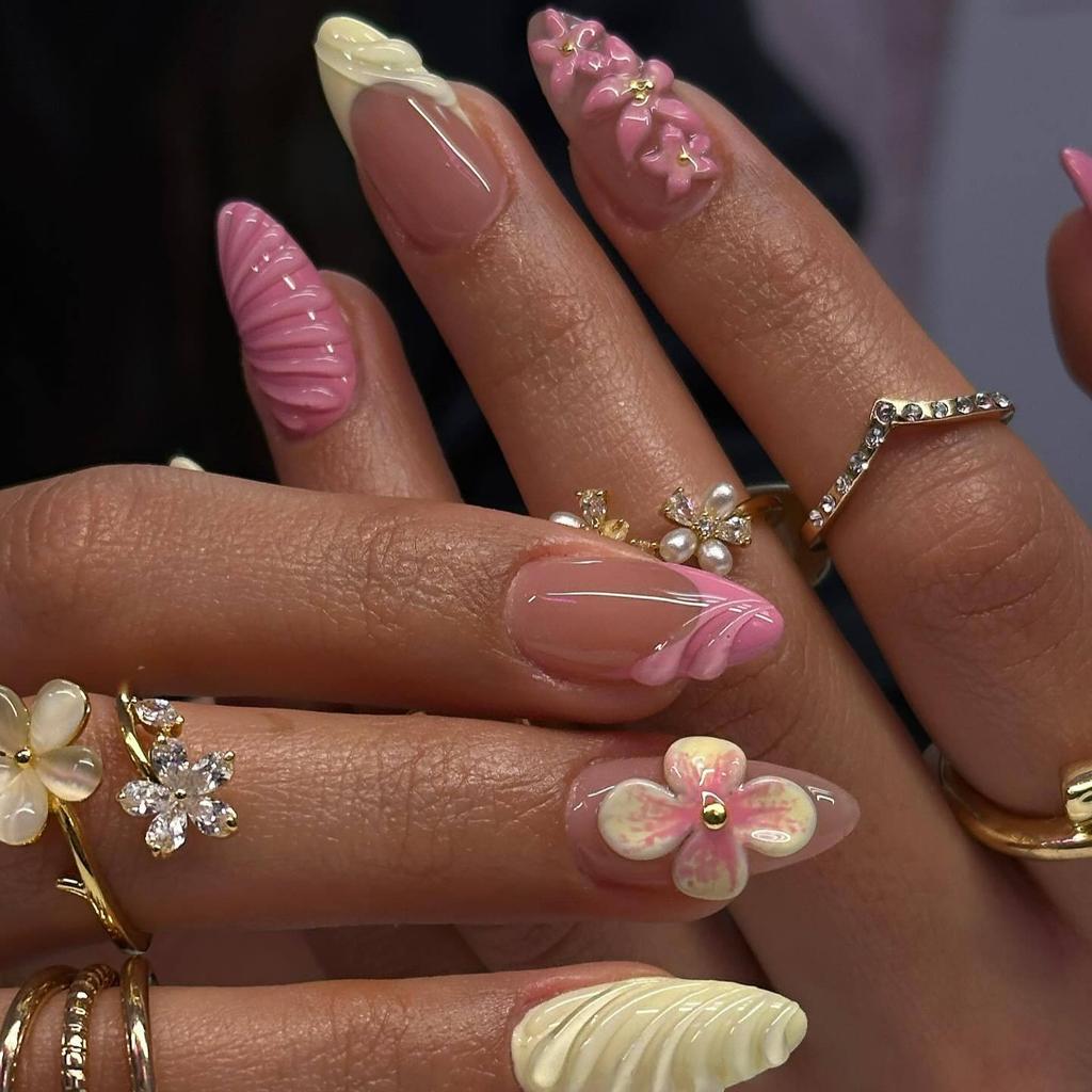 Wearable Nails Purely Handmade Dopamine Short Water Drop French Three-dimensional Flower Pure Desire False Nail Finished Product