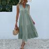 GMXIA Summer Sleeveless Pleated Skirt Loose V-neck Midlength Dress