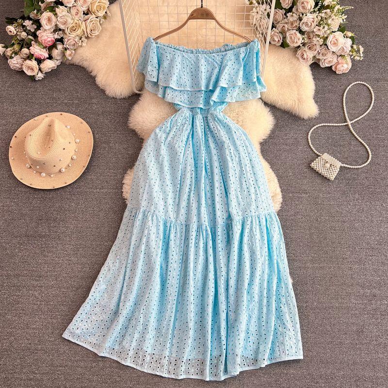 Off-the-Shoulder First Date Vintage Ruffled Waist A- Line Dress