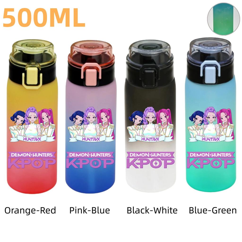 500ML KPop Demon Hunters Plastic Anime Water Cup Has Scale Travel Office Gym Hiking Portable Drink Bottles Outdoor Sport Gifts