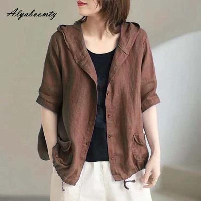 Корейская модная летняя женская кардиган большого размера с капюшоном кофейного фиолетового цвета из хлопка и льна, повседневная свободная блузка больших размеров, винтажное женское тонкое пальто