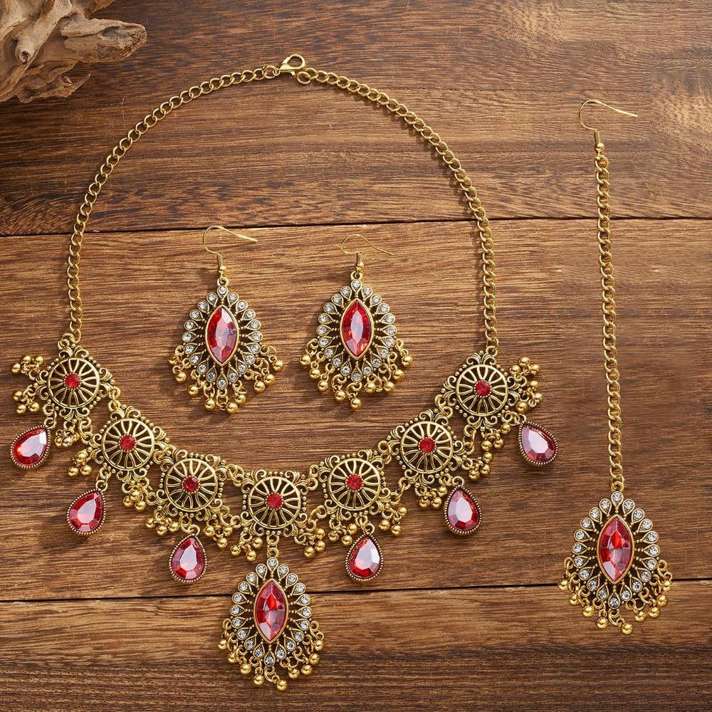 Rhinestone Inlaid Necklace Earrings Set Hollowed Out Forehead Ornament  Bridal
