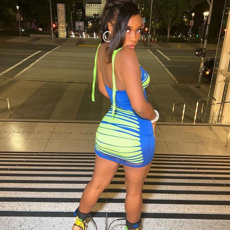 Women's Fashion Sexy Spice Summer Halter Temperament Colorful Printed Lace-up Wrap Hip Dress