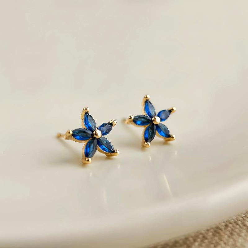 S925 Sterling Silver Plated 18K Gold Blue Zircon Flower Earrings Temperament Fashionable Versatile Jewelry Gift