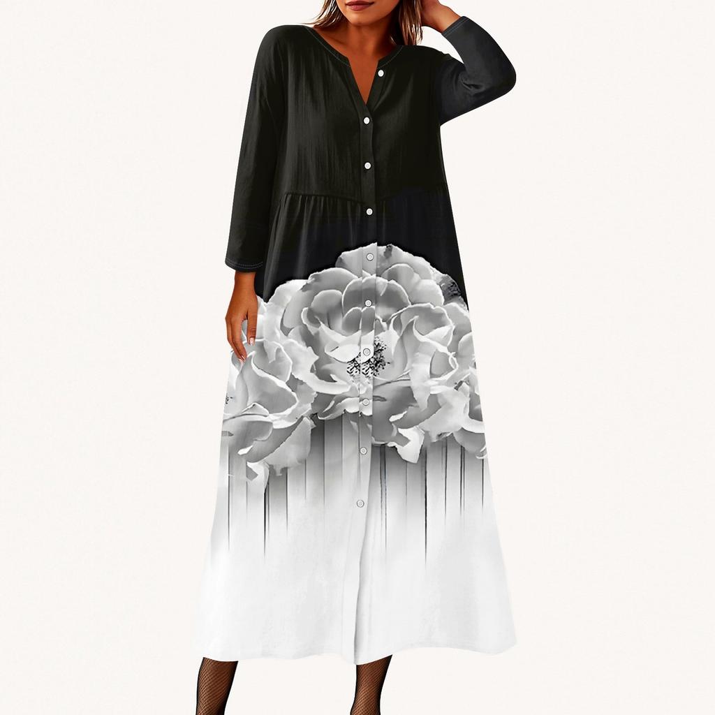 Women's Fashionable Printed Round Neck Seven Quarter Sleeve Button Loose Shirt Dress