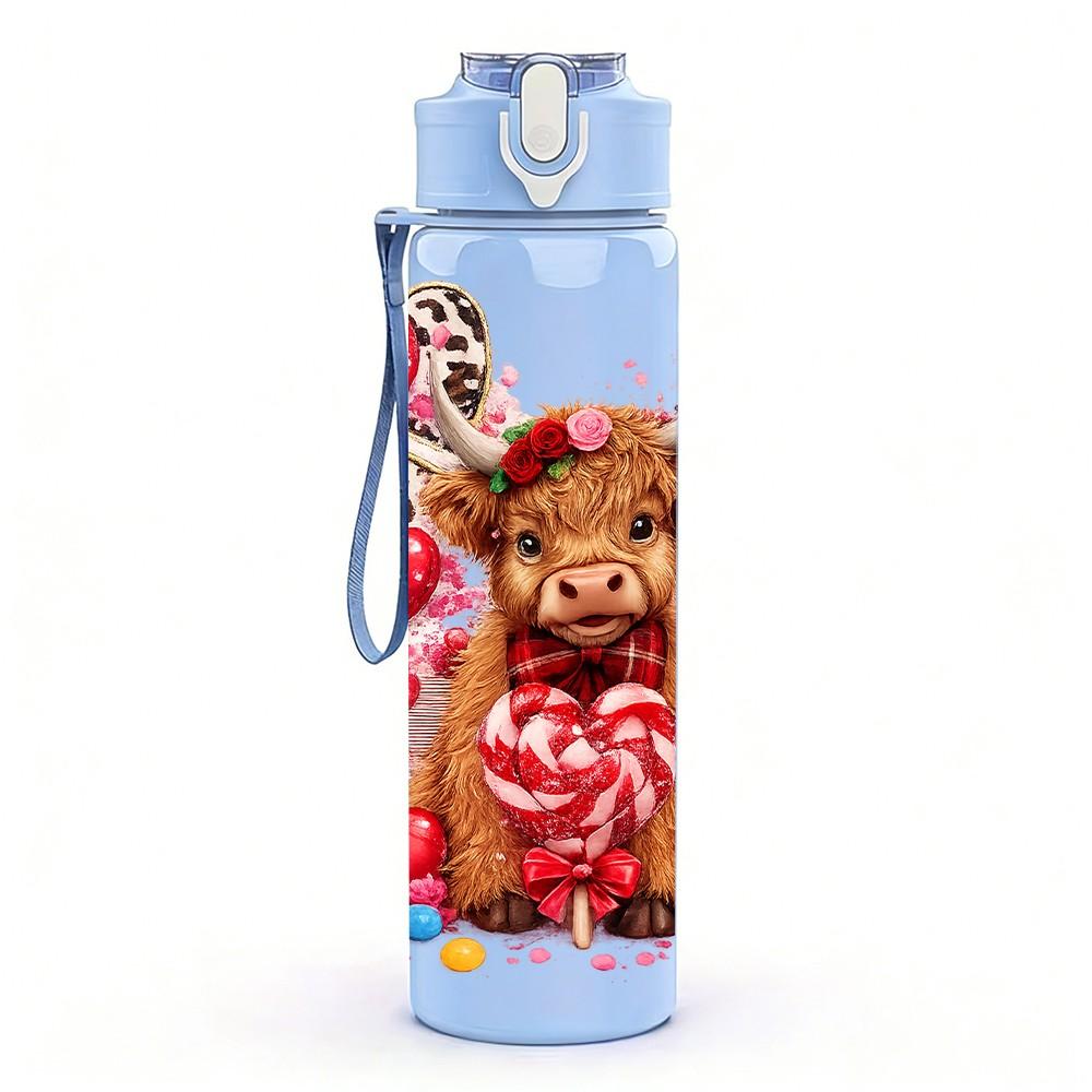 1PC Bear Heart Rose Valentine Theme Print 750ml Color Plastic Sports Water Bottle Leakproof Flip Straw Lid Suitable for Sports Office Home Use