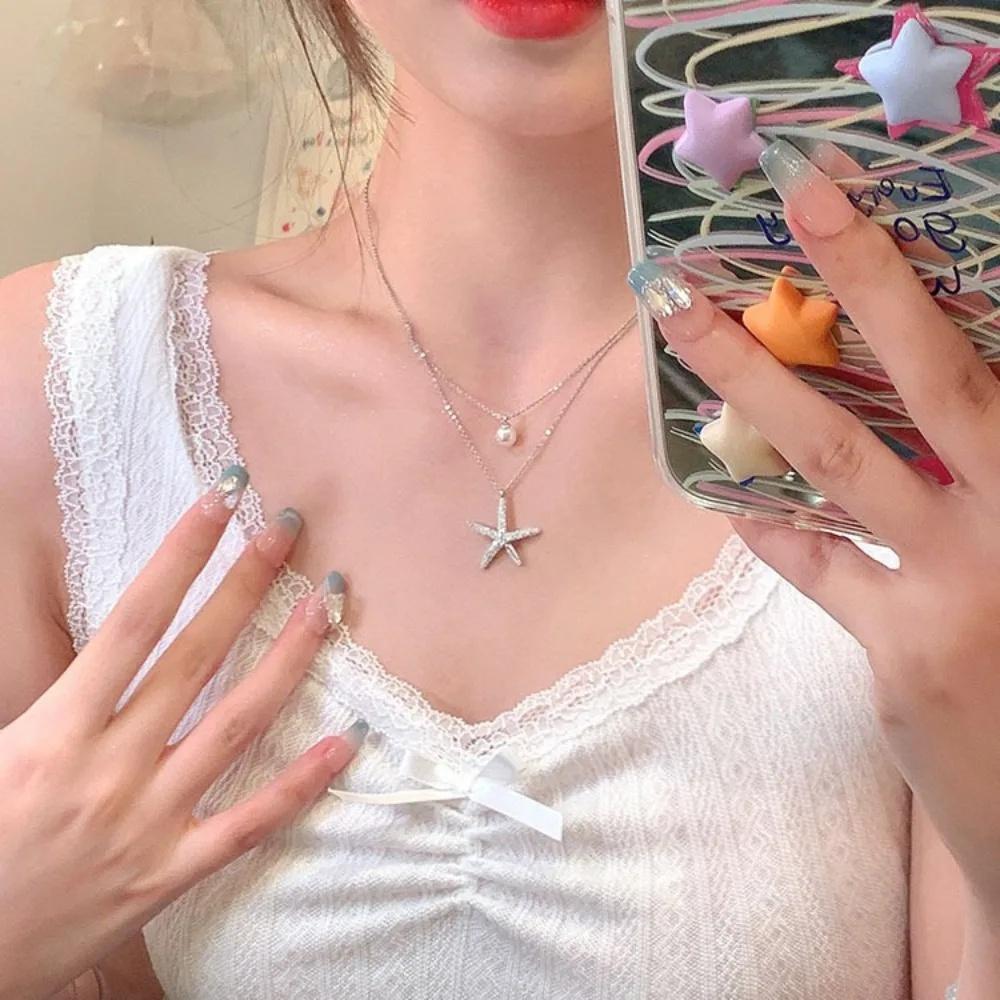 Fashion Silver Color Starfish Imitation Pearl Pendant Necklace for Women Simple Double Layered Clavicle Chain Necklace Jewelry