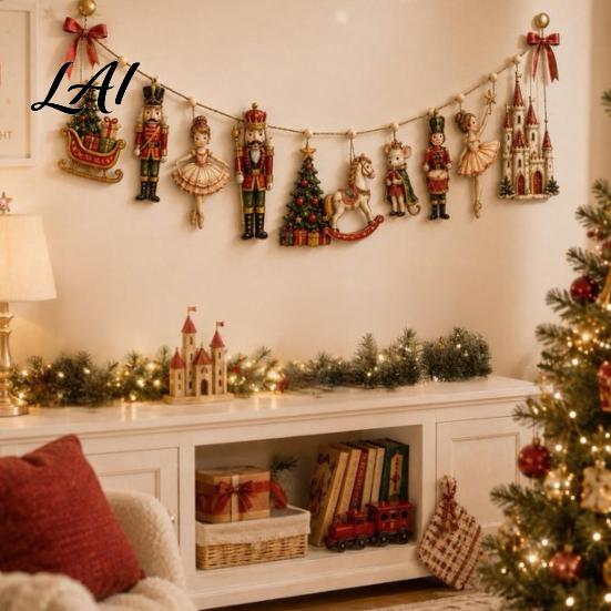 Christmas Nutcracker Garland Wooden Wreath Vintage Fairy Tale Hanging with European Style Festive Wall Decor Ballet Girl Horse Castle Fireplace And