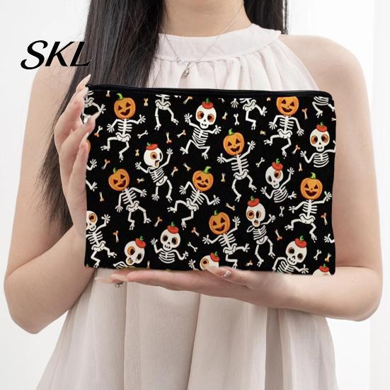 Large Capacity Pencil Pouch Halloween Storage Bag, Cosmetic with Pumpkin Small Toiletries Organizer Castle Skull Print, Smooth Zipper Thickened Canvas