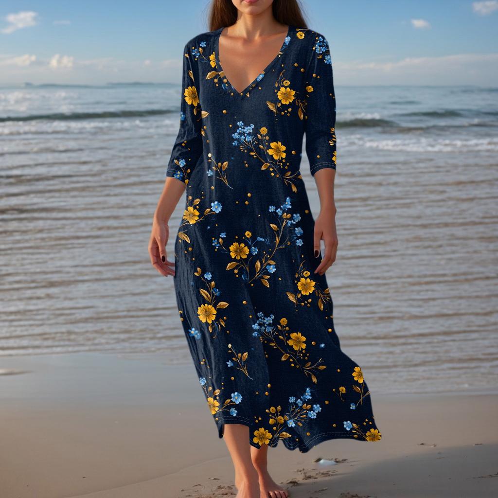 Women's Vintage Print Tunic Waisted Midi Dress Summer Casual 3/4 Sleeve Dress Dress