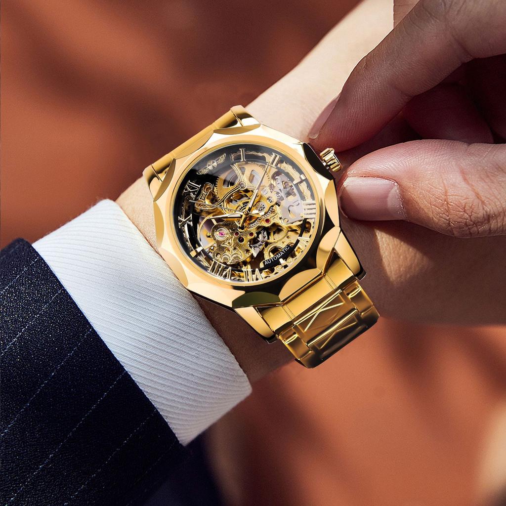 Полигональные мужские механические часы Fashiona Hollowed Out Automatic Watch из нержавеющей стали Skeleton Wristwatches Gold Color Relojes