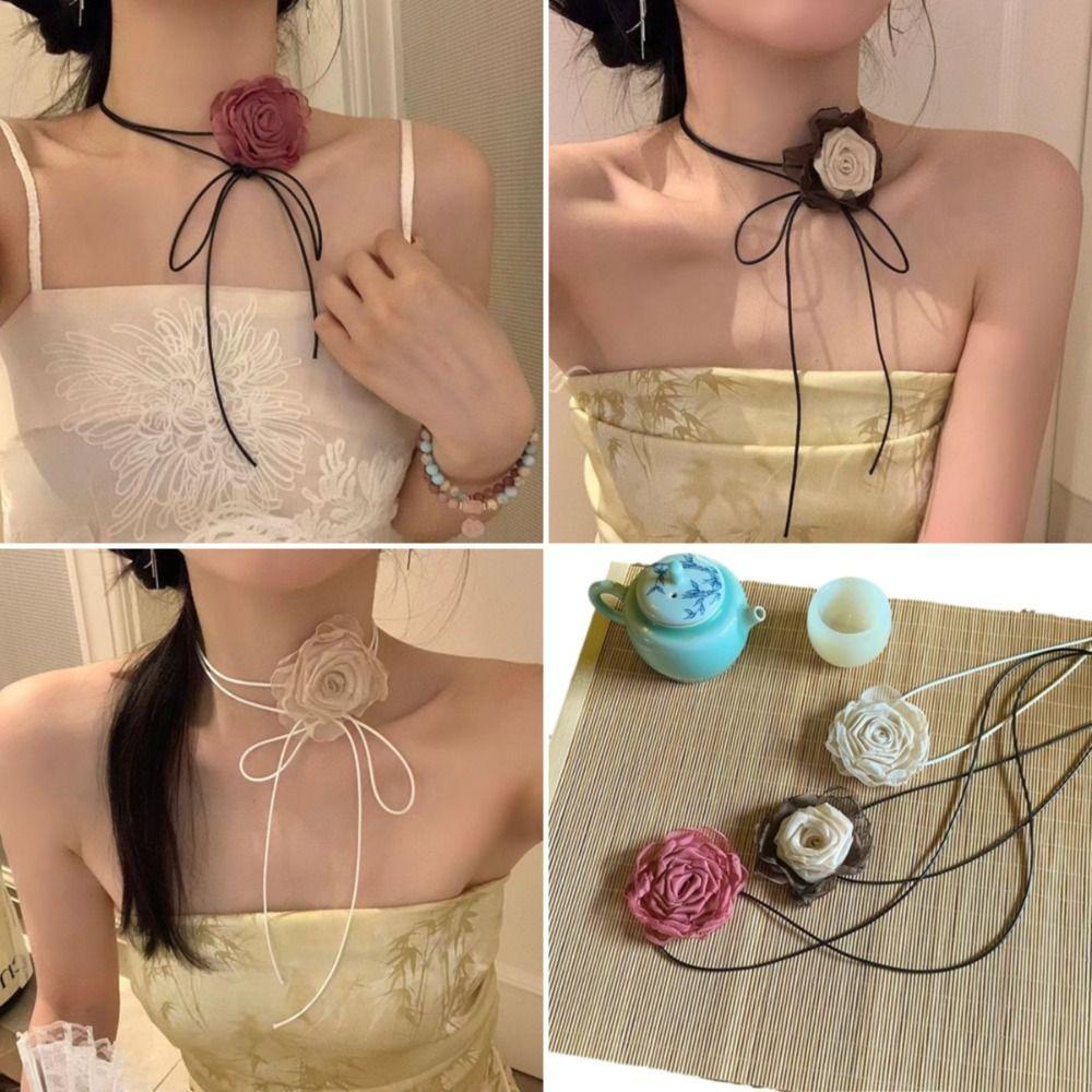Adjustable Rose Flower Choker Long Rope Romantic Necklace Wedding Necklace for Wedding Party
