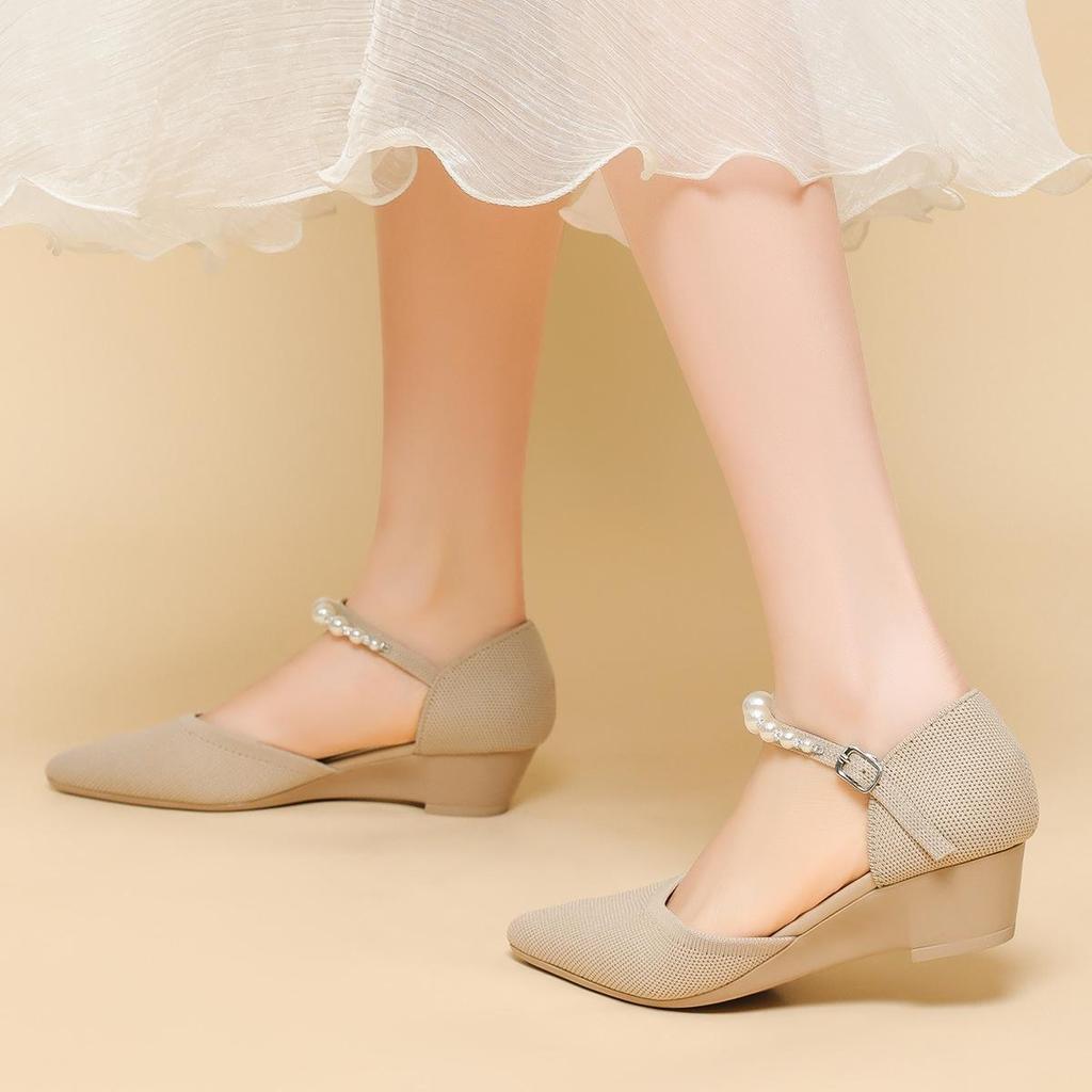 Женские весенние туфли на каблуках с острым носком, повседневные туфли с неглубокой горловиной и полой пряжкой, однотонные туфли с жемчужным принтом, размеры 34-40