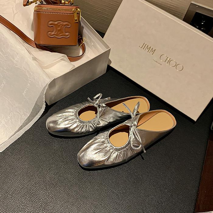 Французские плиссированные полутапочки Baotou на шнуровке, женские серебристые туфли Мэри Джейн, элегантные и просторные, нежные классические женские туфли